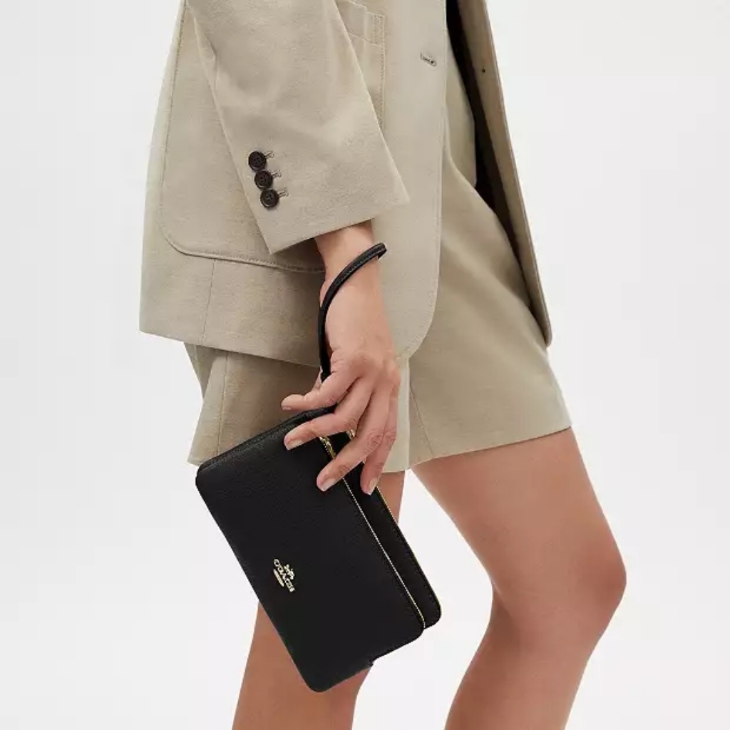 Coach Navy Wristlet With Gold Accents Double Zip Wallet